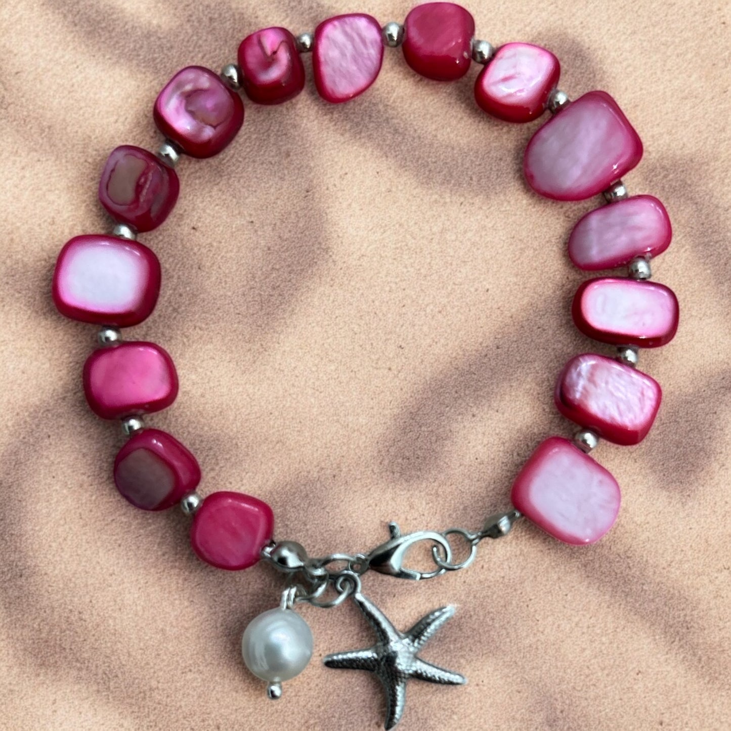 Hot pink mother of pearl & silver bracelet