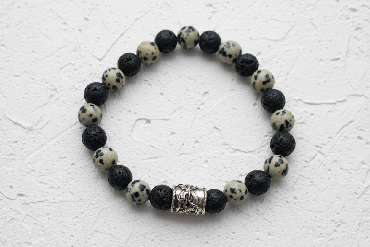 Lava rock & Dalmatian Jasper beaded bracelet