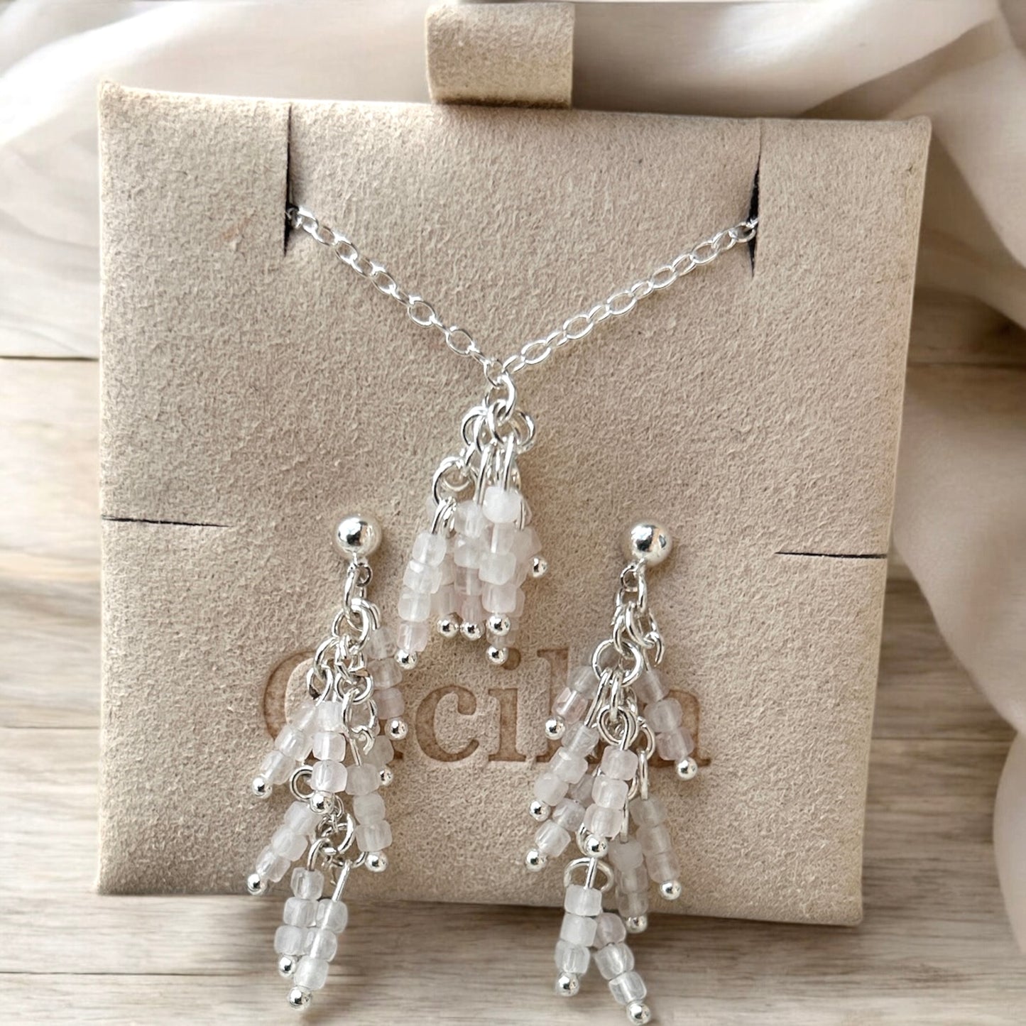 Rose quartz & sterling silver earrings & necklace set