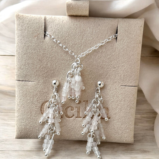 Rose quartz & sterling silver earrings & necklace set