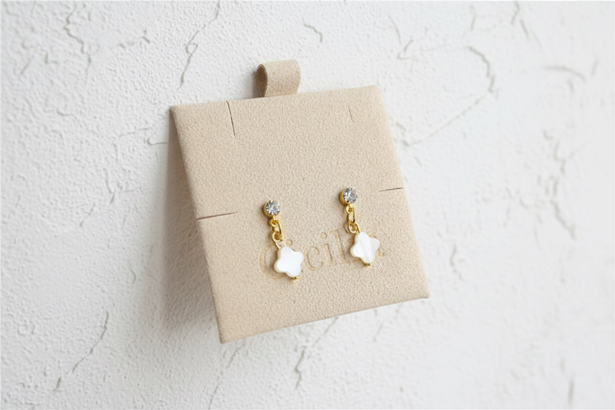 Gold diamanté stud drop mother of pearl clover earrings