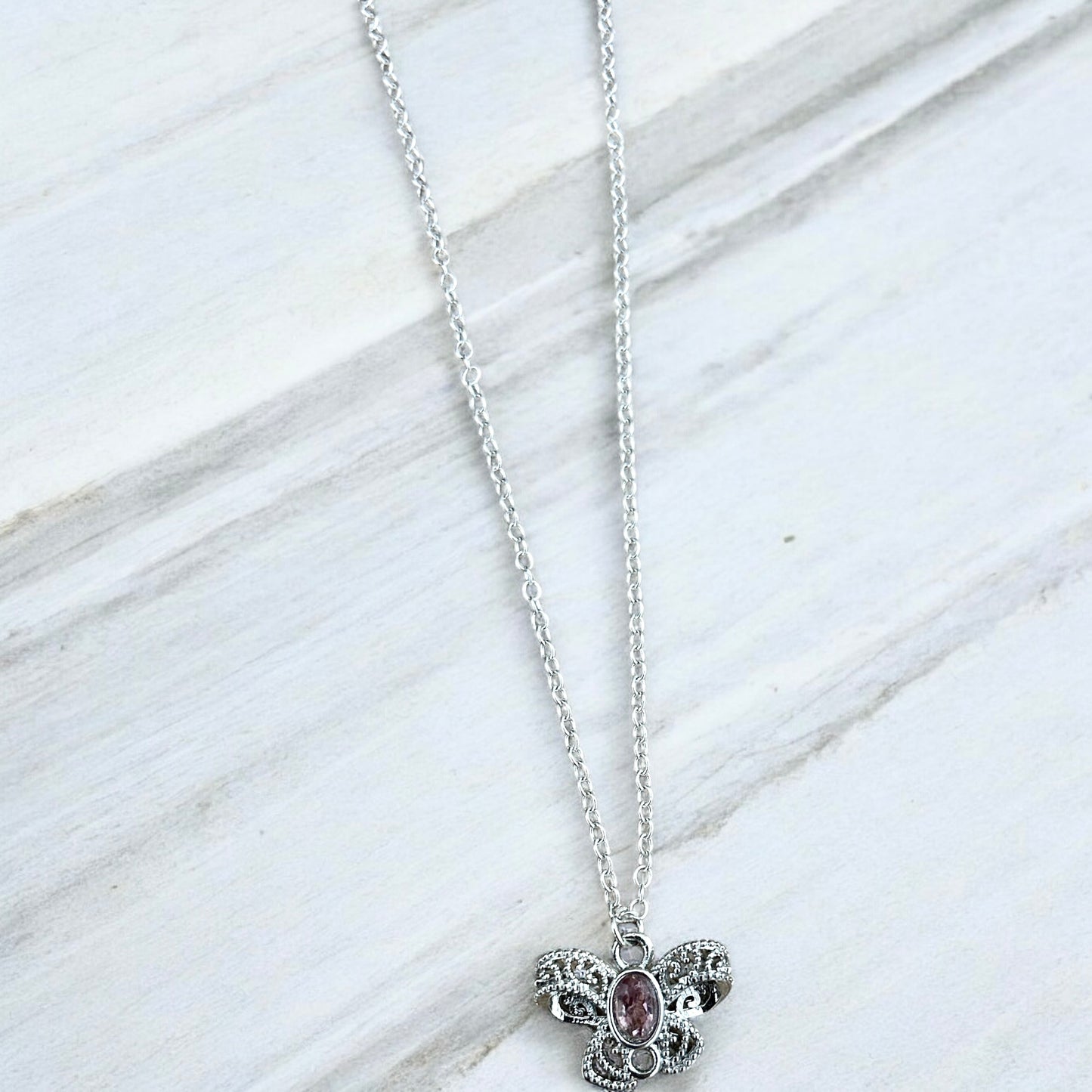 Butterfly bow pink gem 925 necklace