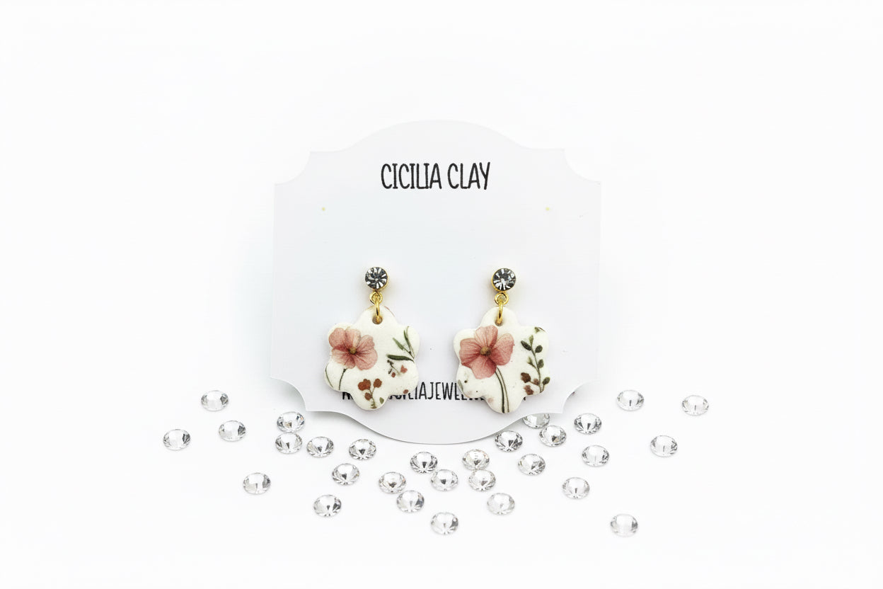 Pink wildflowers gold diamanté stud drop earrings