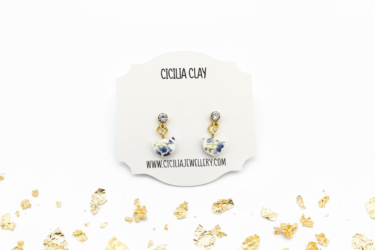 Blue wildflowers gold diamanté stud drop earrings