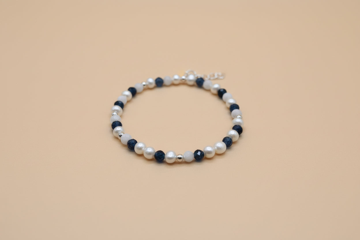 Fresh water pearl, sapphire, moonstone and sterling silver bracelet