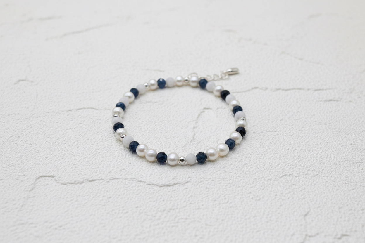 Fresh water pearl, sapphire, moonstone and sterling silver bracelet