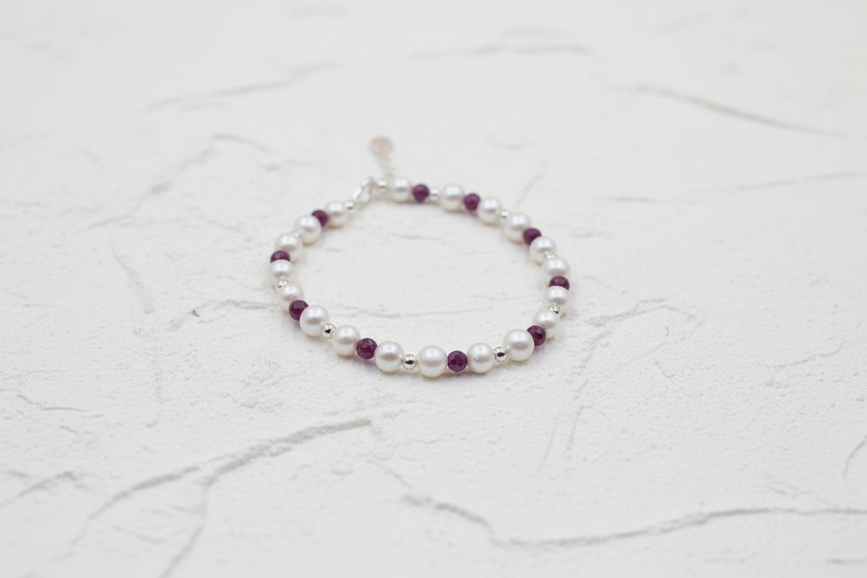 Fresh water pearl, ruby and sterling silver bracelet