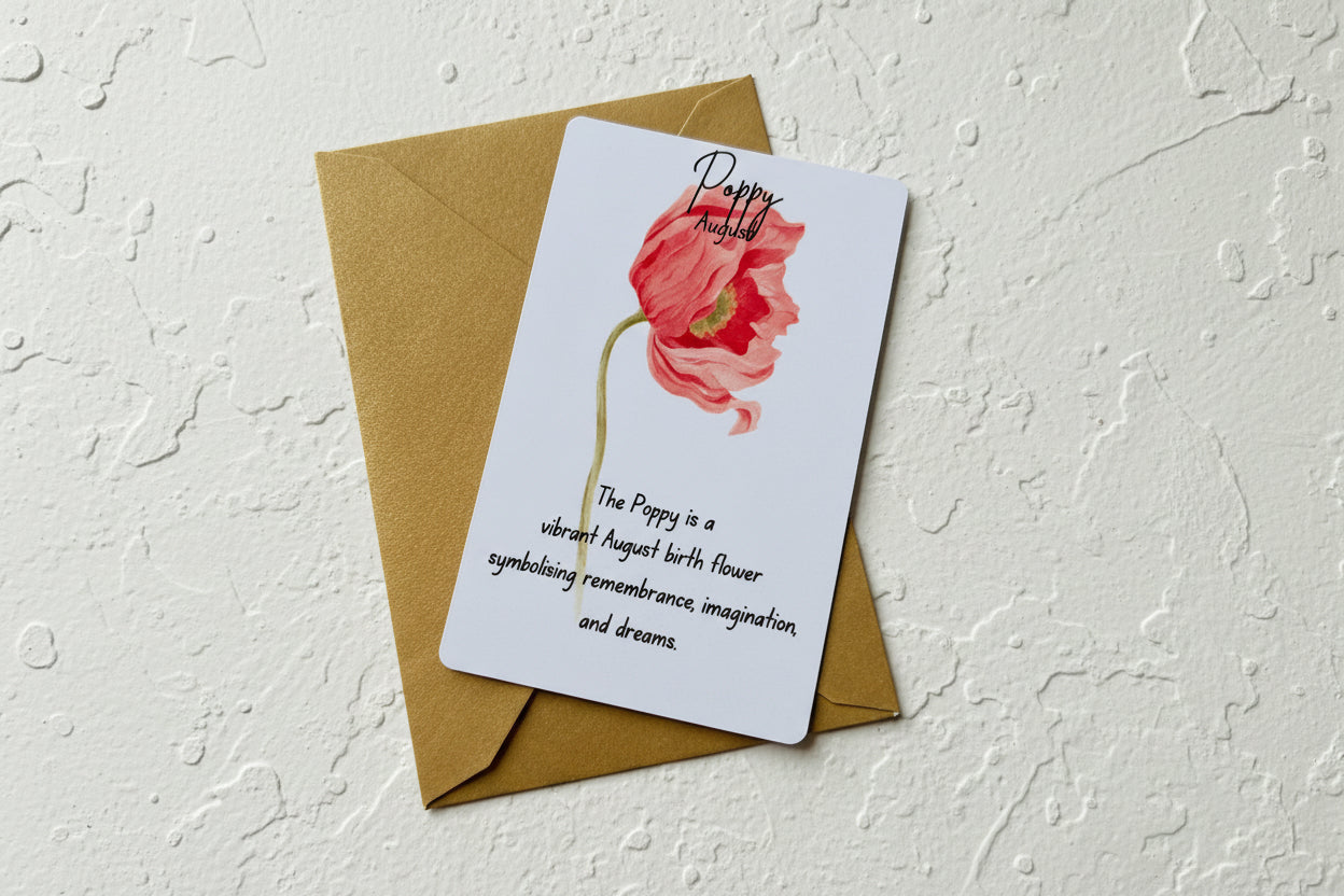 Card with a poppy illustration and text on a textured surface.