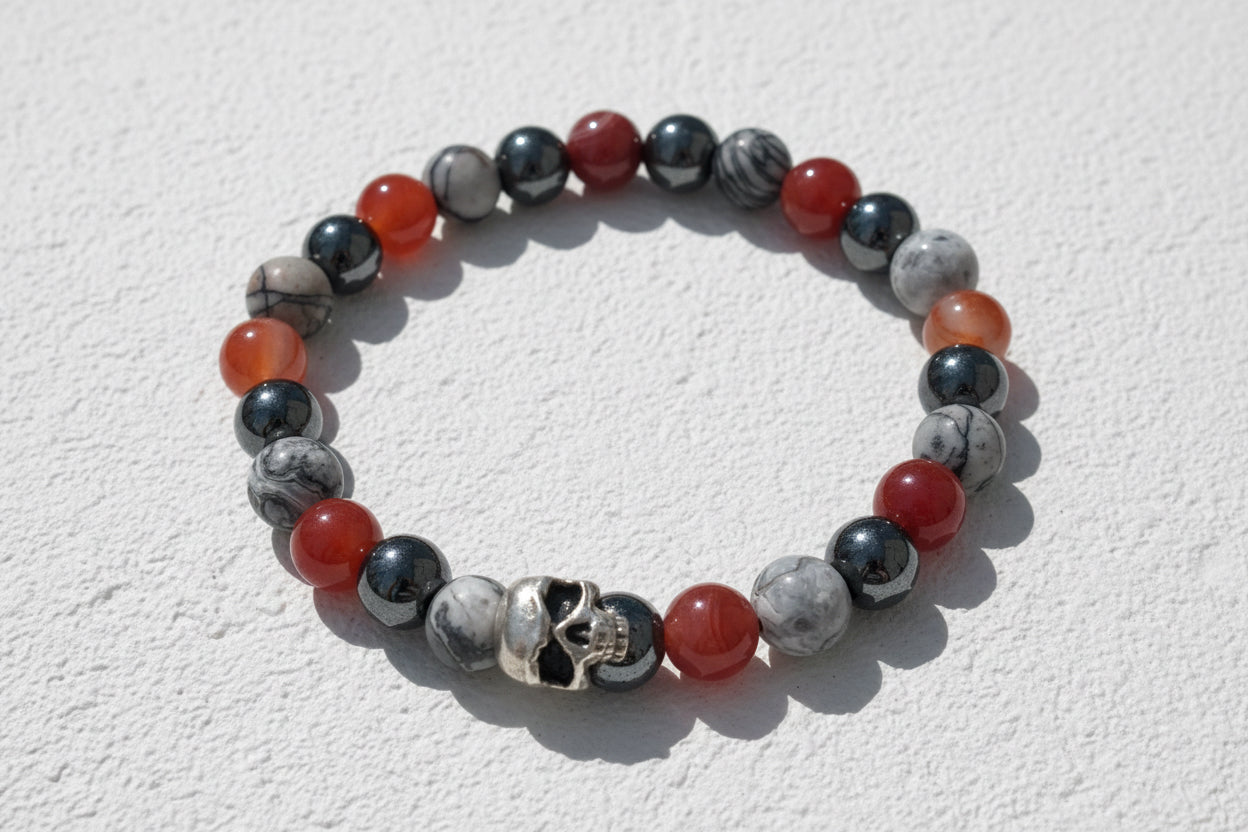 Picasso Jasper, carnelian & hematite beaded bracelet