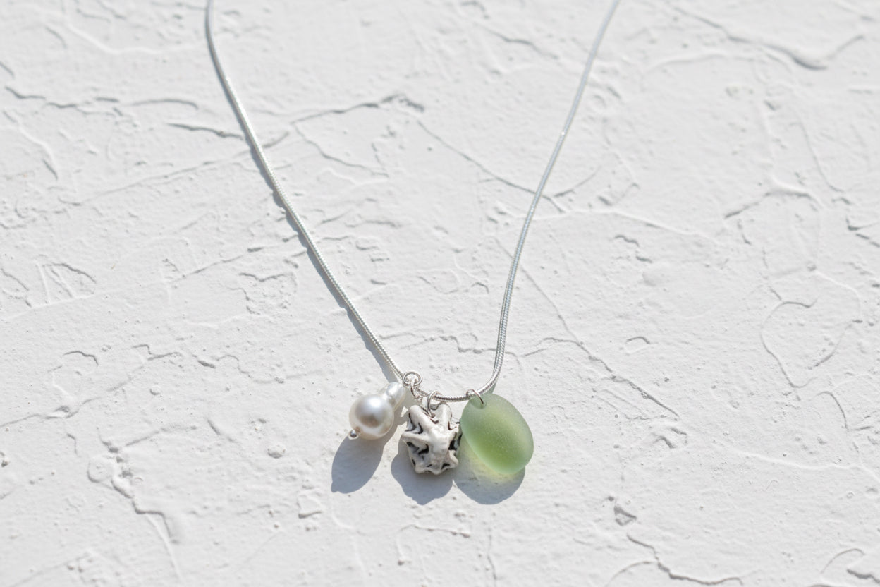 Aqua seaglass, shell & pearl 925 silver necklace