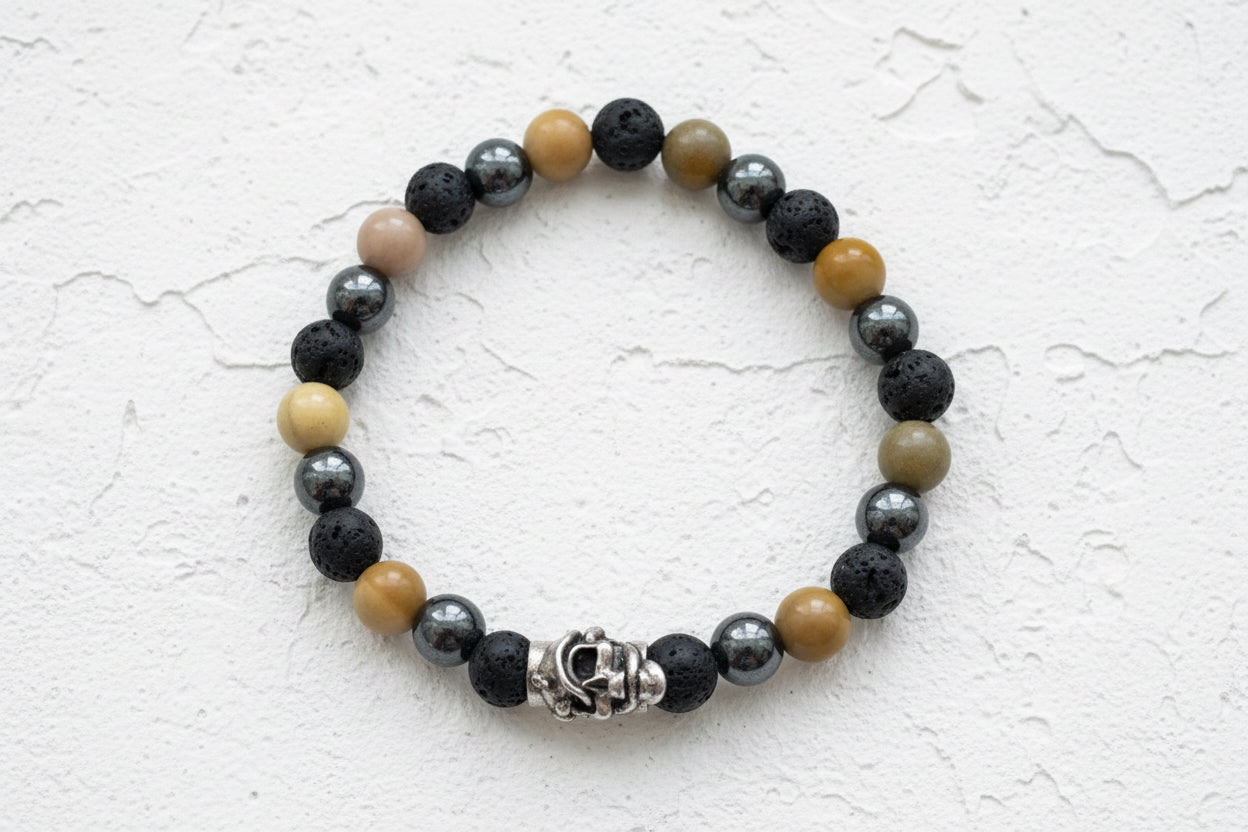 Lava rock, hematite & mookaite beaded bracelet