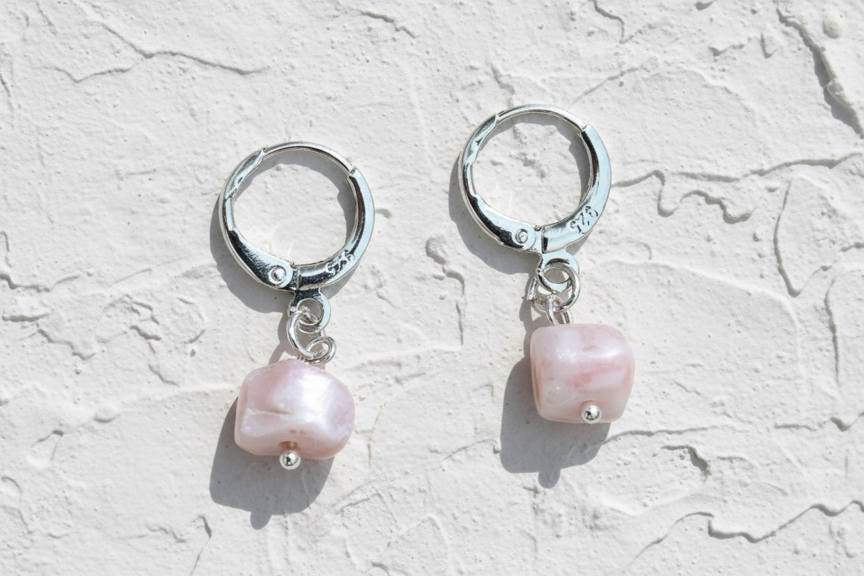 Pink Opal raw crystal huggies silver