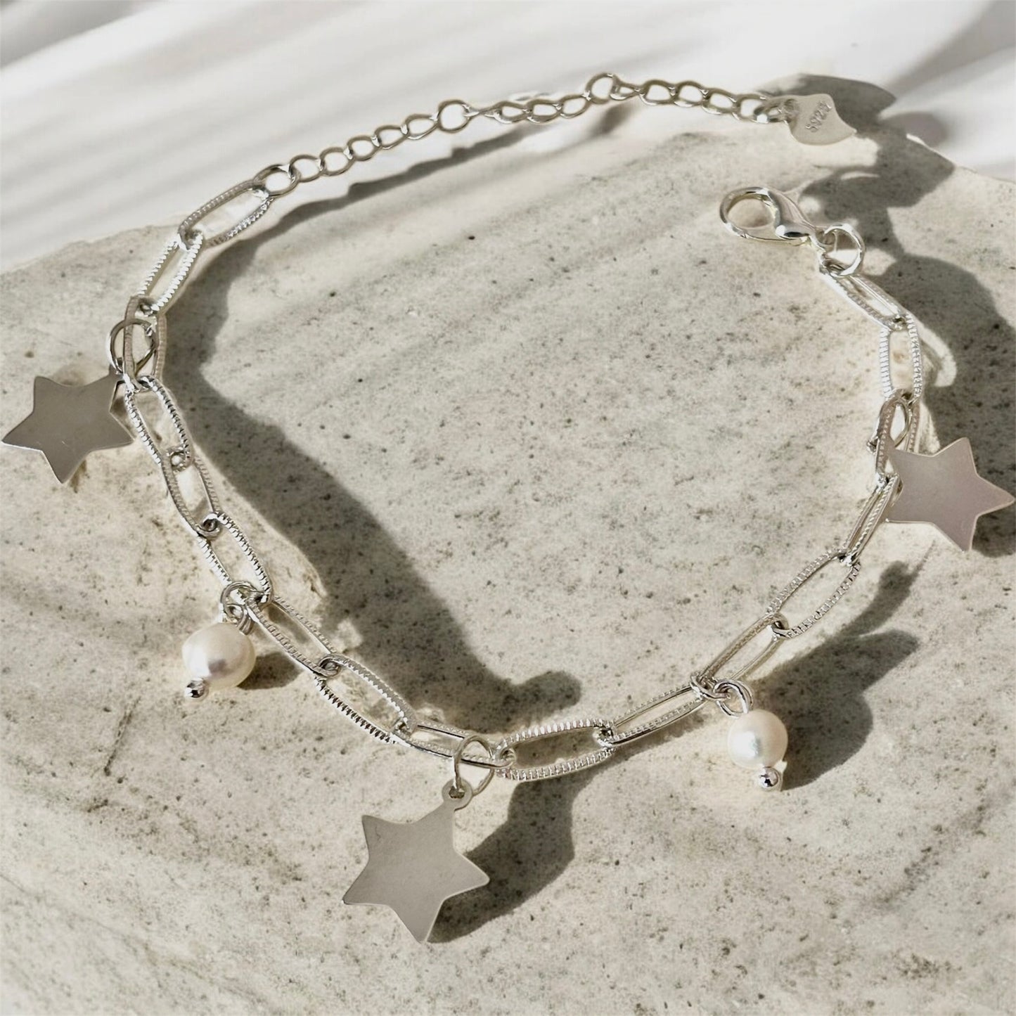 Sterling silver star & fresh water pearl charm bracelet