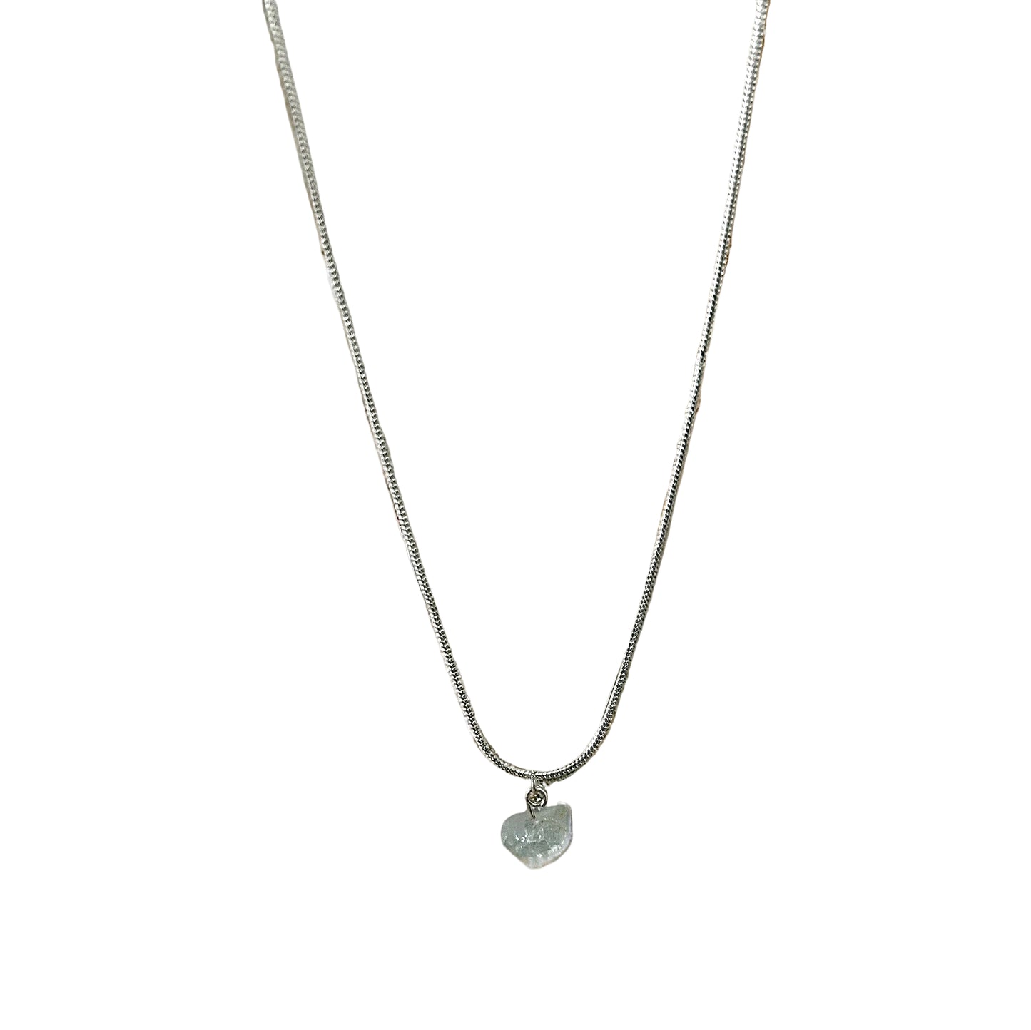 A raw aquamarine crystal necklace with a 925 silver chain, displayed on a white surface.
