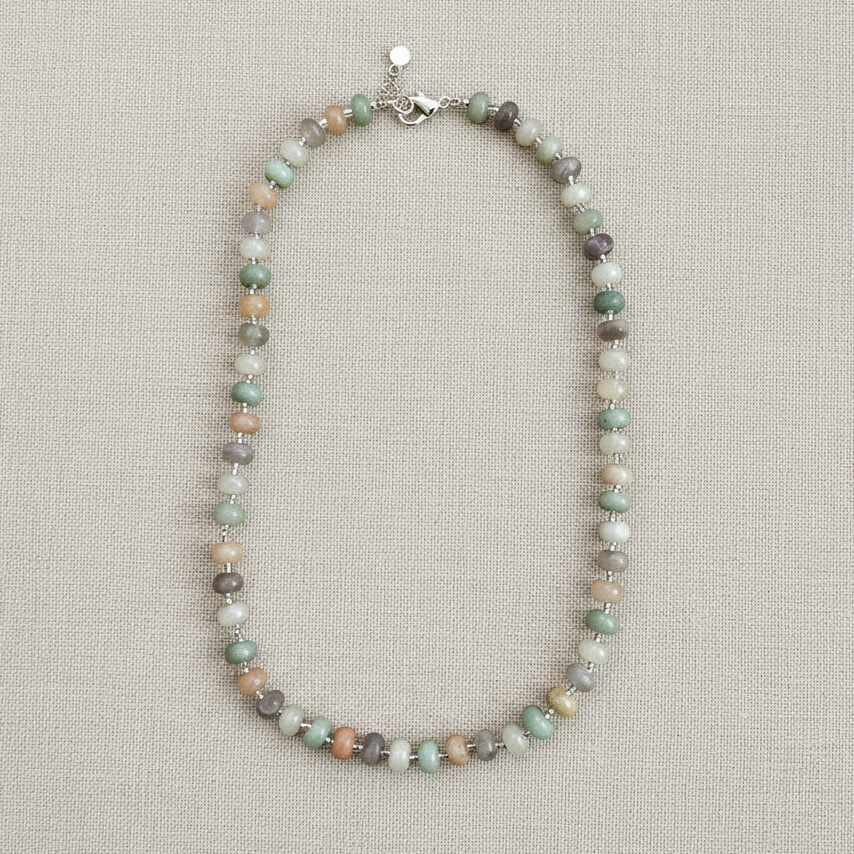 A multicolored beaded necklace with a combination of pink aventurine, amazonite, and dream amethyst gemstone beads, featuring 925 silver fixings.