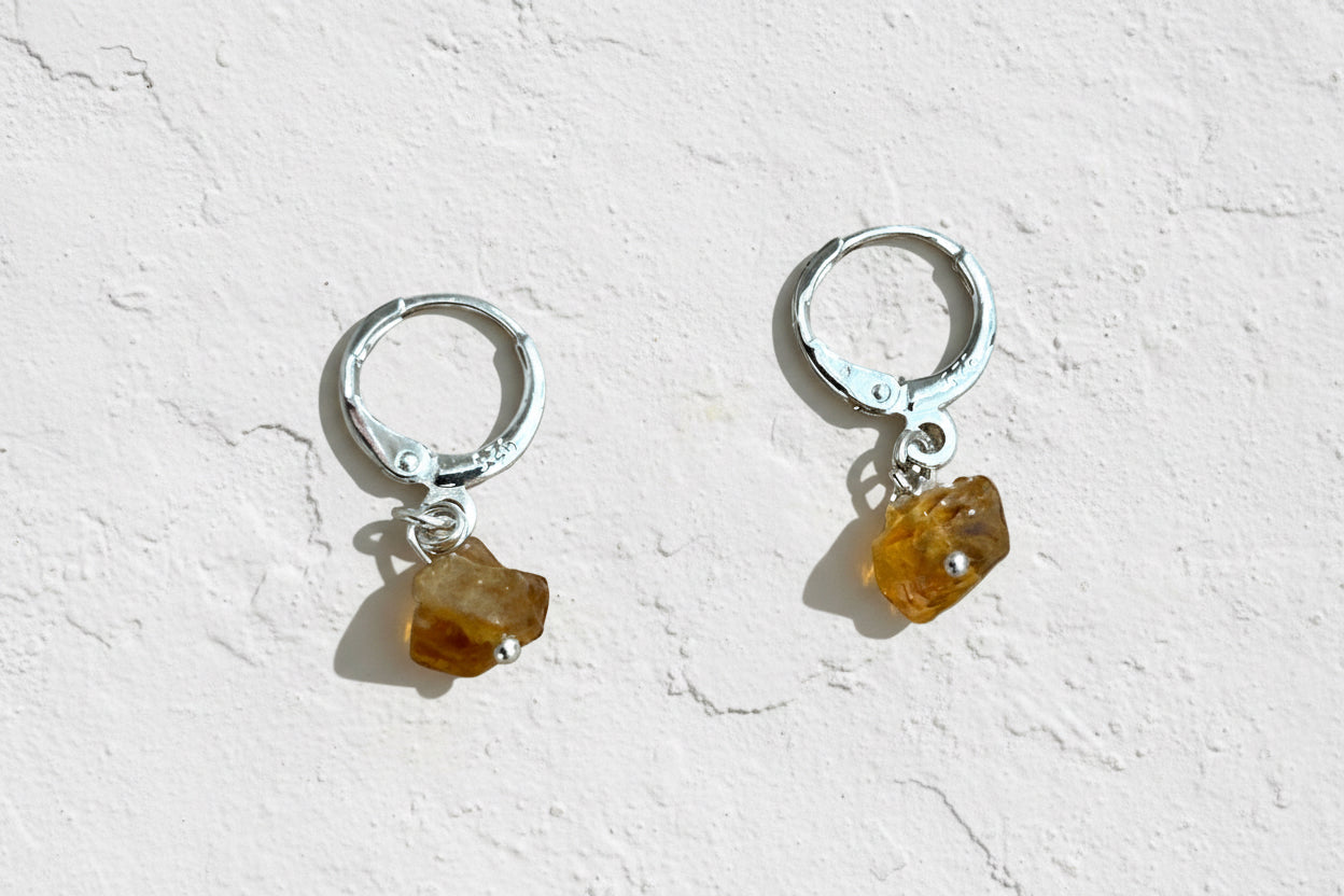 Citrine raw crystal & sterling silver huggies