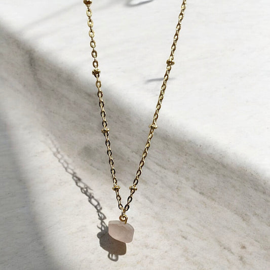Rose Quartz raw crystal & 14k gold plated necklace