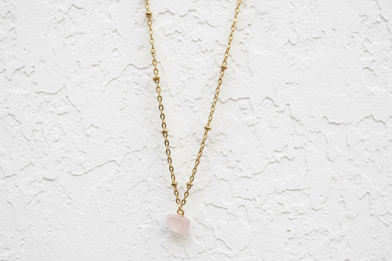 Rose Quartz raw crystal & 14k gold plated necklace