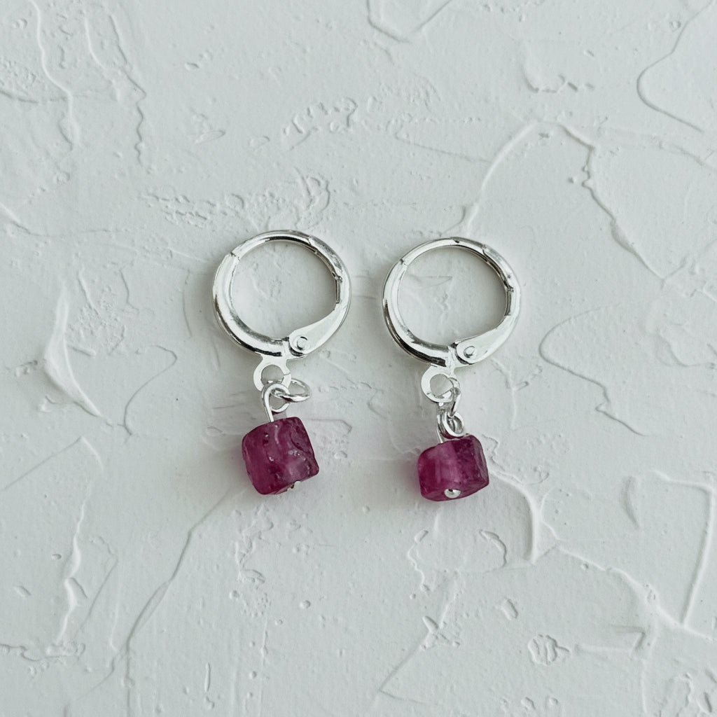 Ruby raw crystal huggies silver