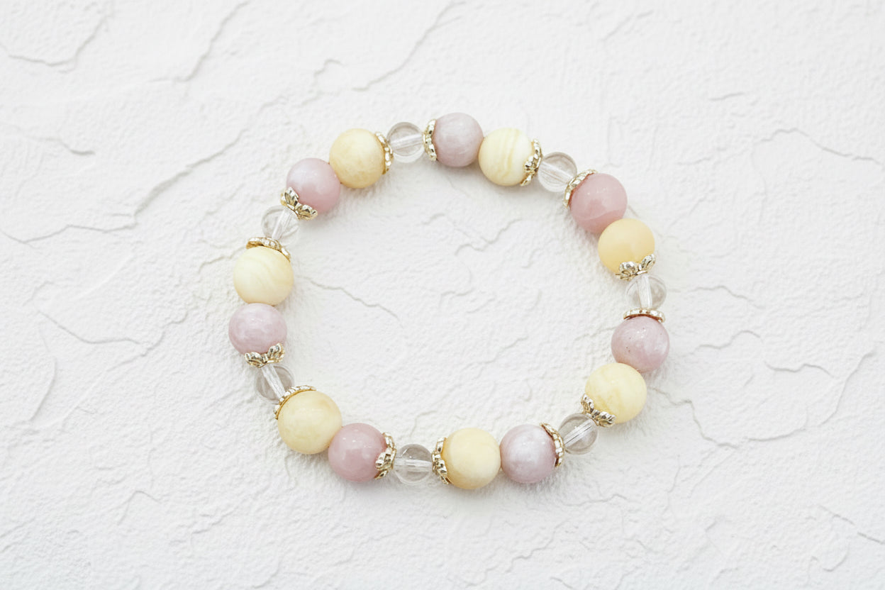 Pink Opal, honey calcite and clear quartz beaded bracelet