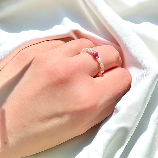 Pearl and Ruby beaded ring