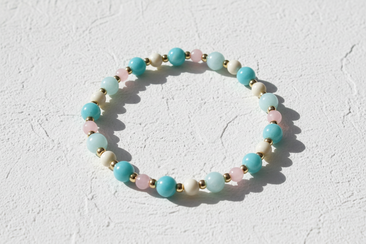 Beaded bracelet with blue, pink, and white beads on a beige fabric background.