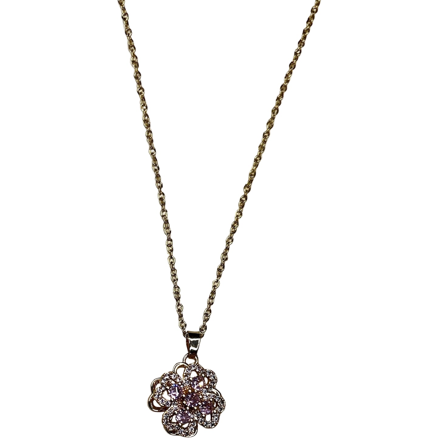 Necklace with a floral pendant.