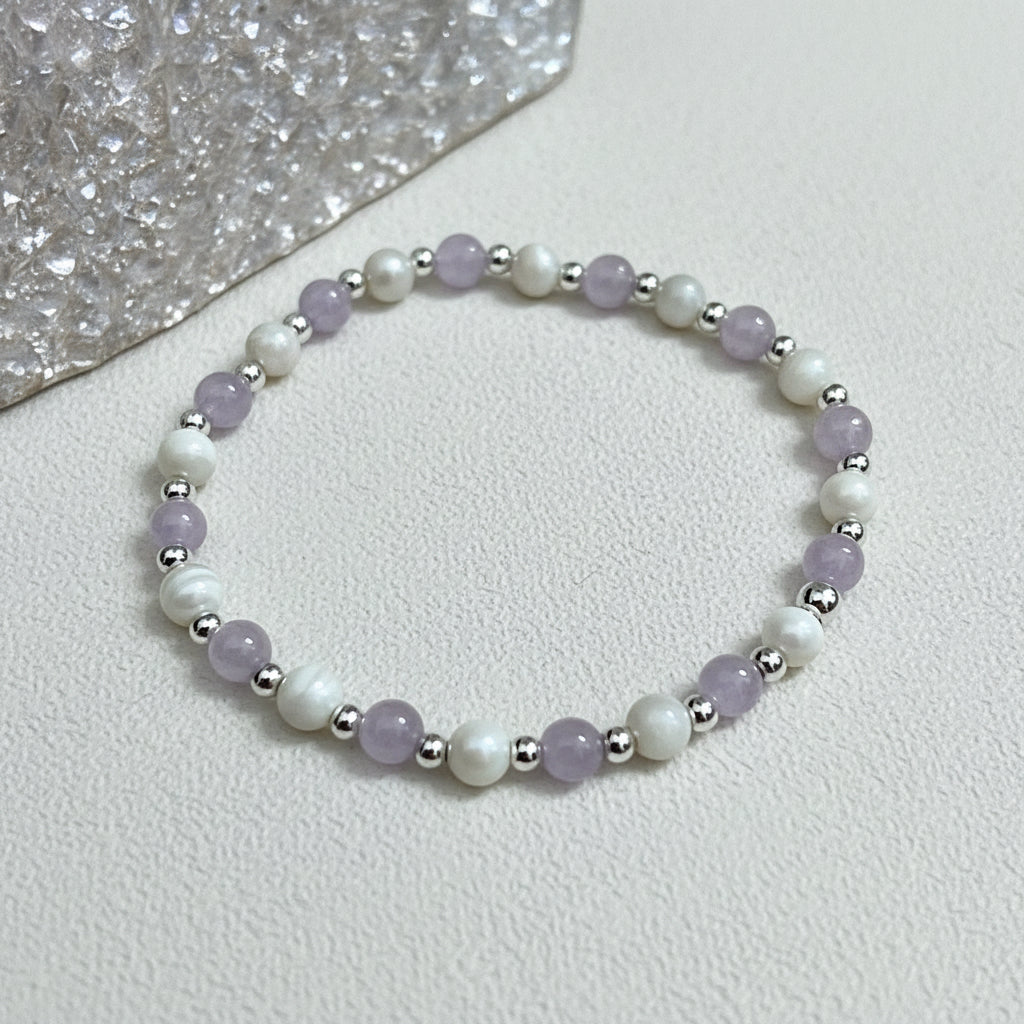 Mother of Pearl, Kunzite & 925 silver beaded bracelet