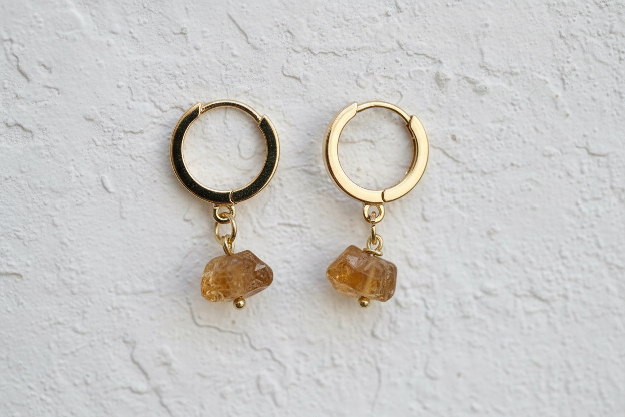 Raw citrine 14k gold plated hoop earrings