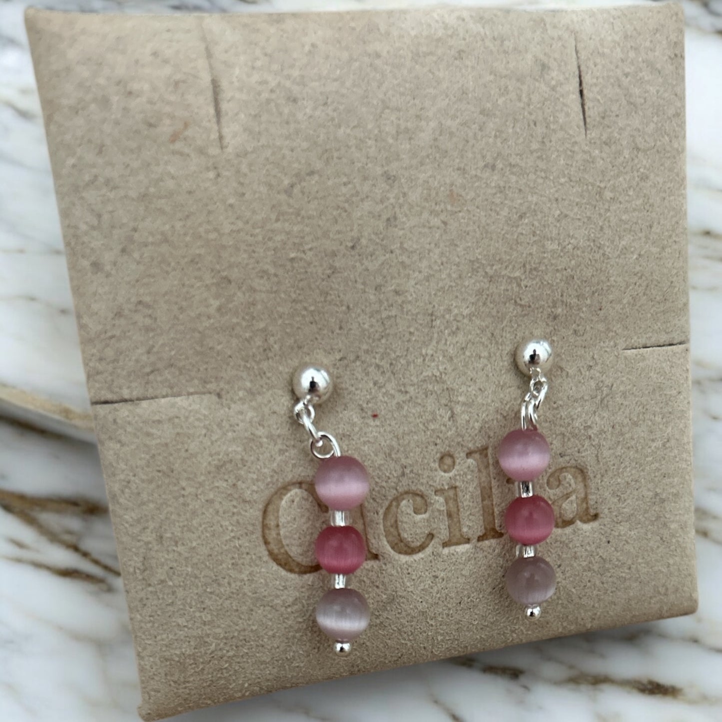 Pink cat eye 925 dangle studs