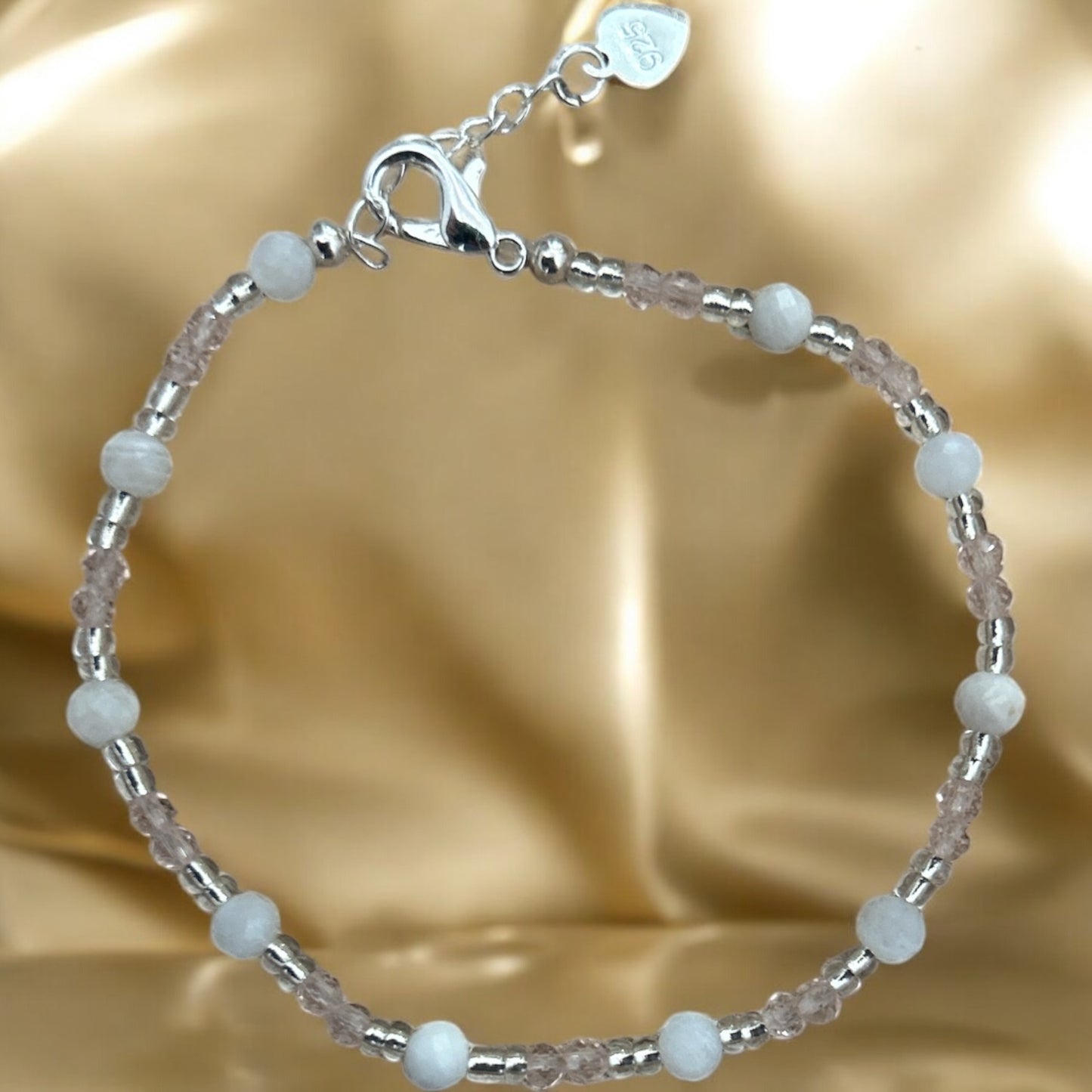 Moonstone, rose quartz & sterling silver bracelet