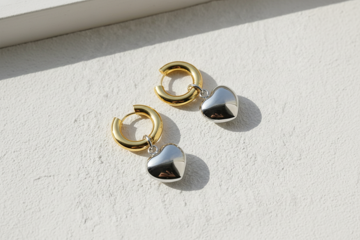 Mixed metal removable heart charm hoop earrings