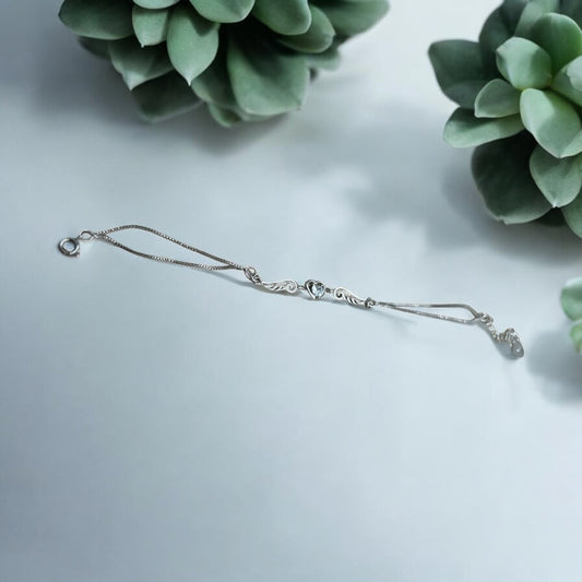 Double layer heart & feather 925 silver bracelet