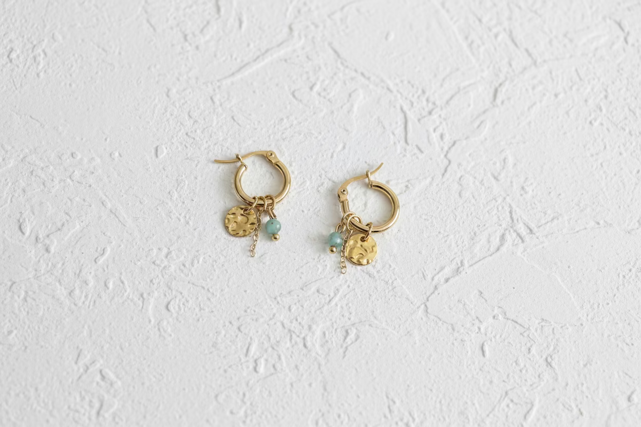 Emerald and gold hammered hoop earrings