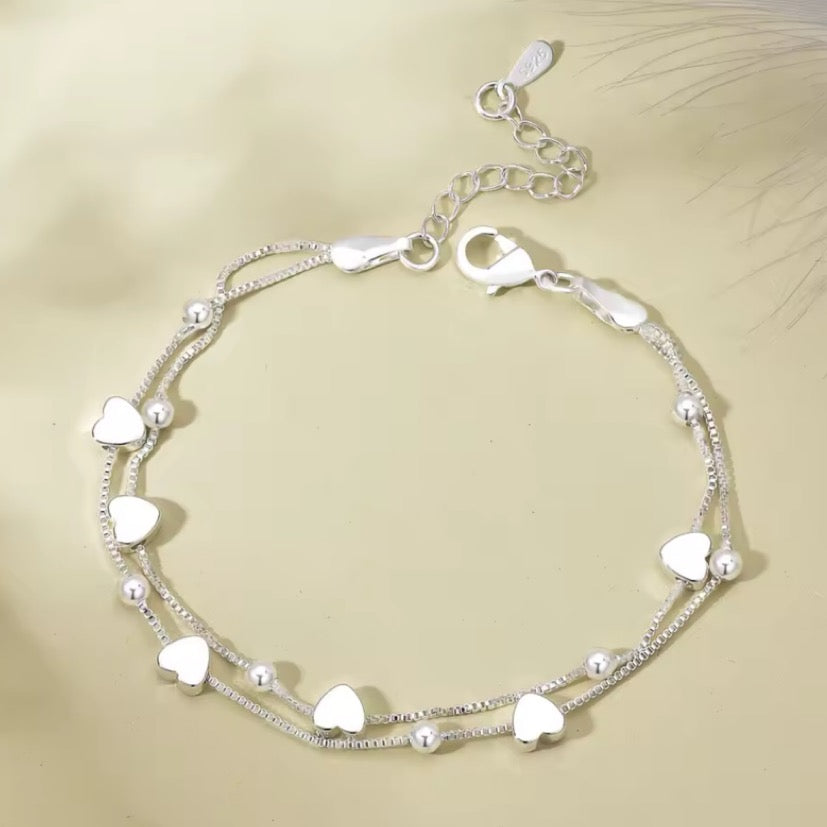 Heart double chain 925 silver bracelet
