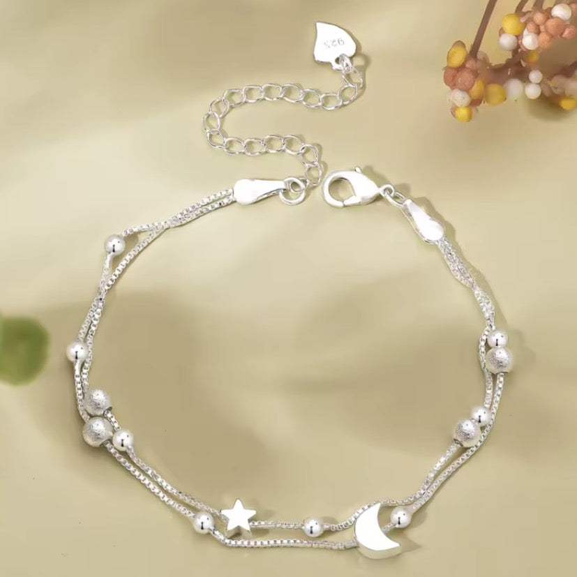 Star and moon double chain 925 silver bracelet