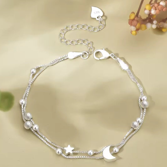 Star and moon double chain 925 silver bracelet
