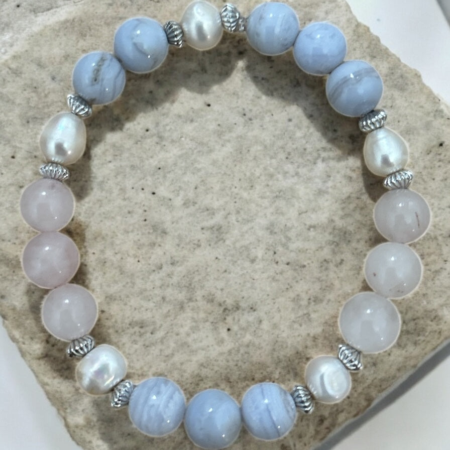 Rose Quartz, blue lace agate & fresh water pearl beaded bracelet