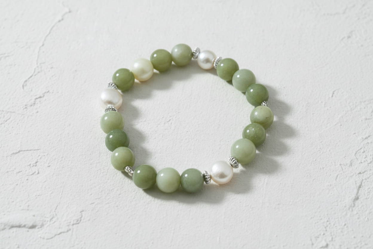 Green beaded bracelet with silver accents on a linen background.