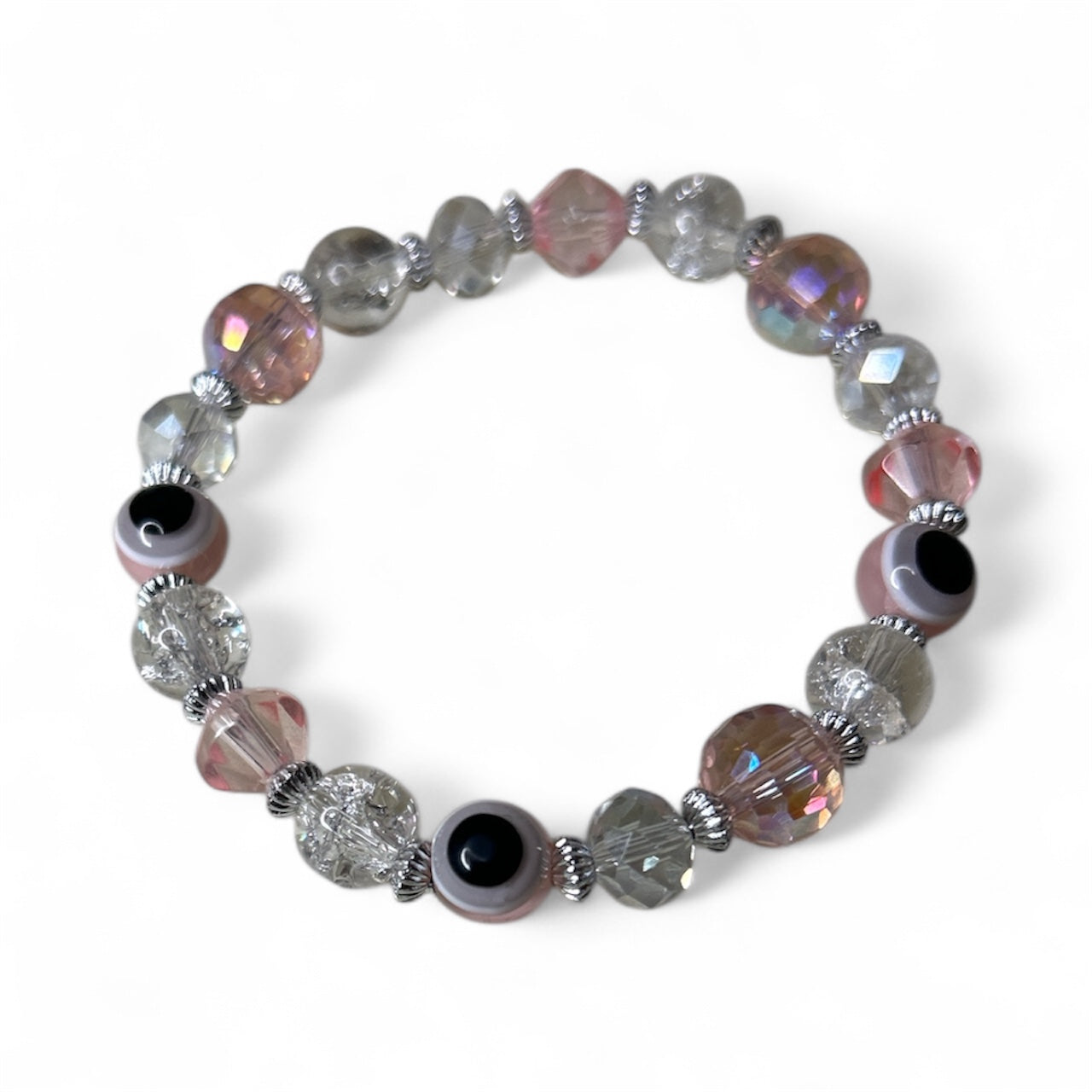 Pink evil eye glass beaded bracelet