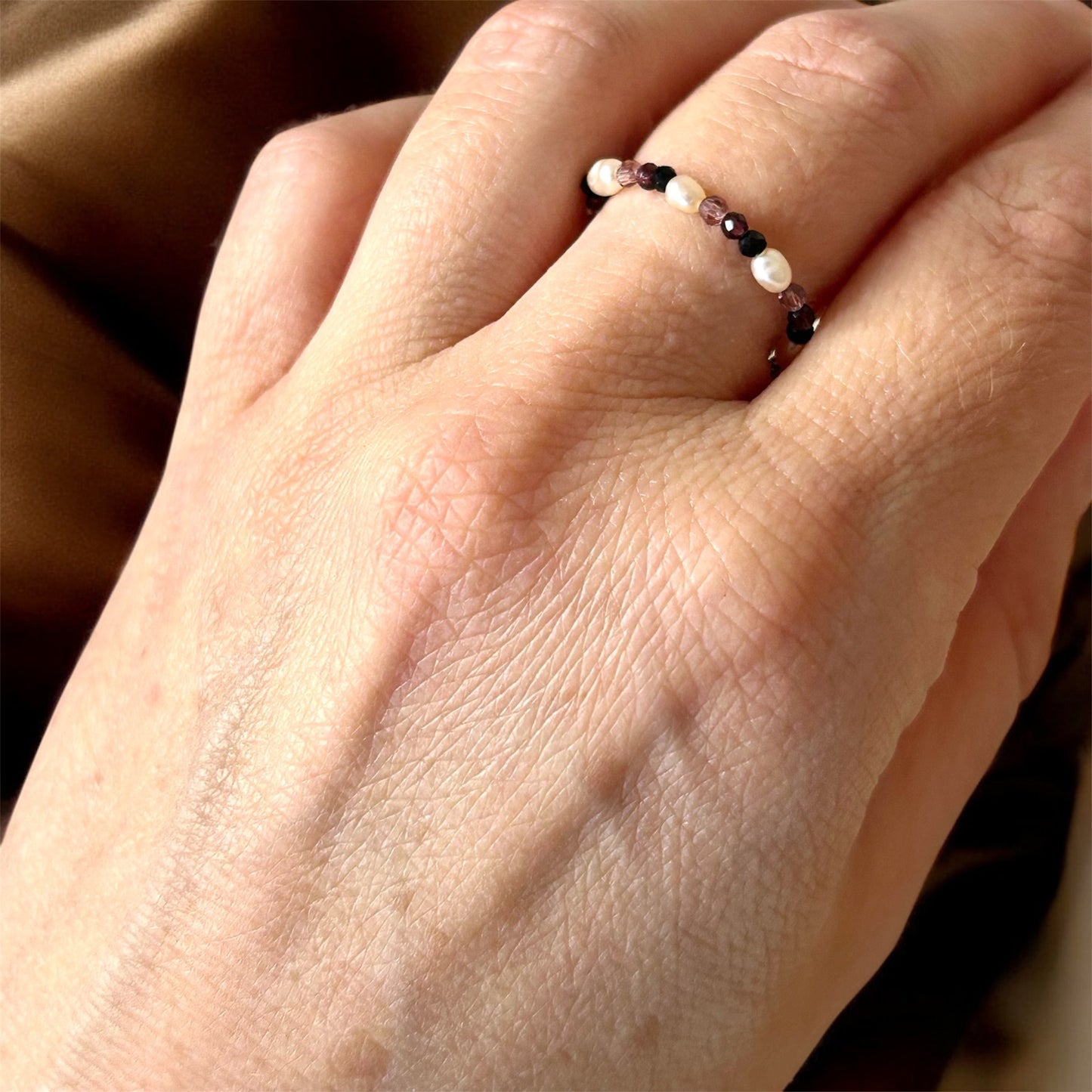 Rice pearl with black tourmaline, lepidolite & amethyst gemstone beaded ring