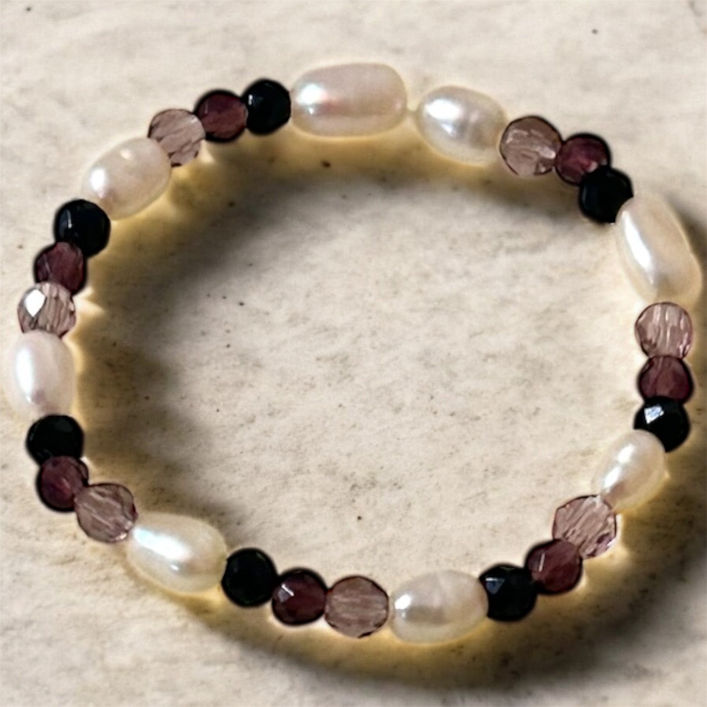 Rice pearl with black tourmaline, lepidolite & amethyst gemstone beaded ring