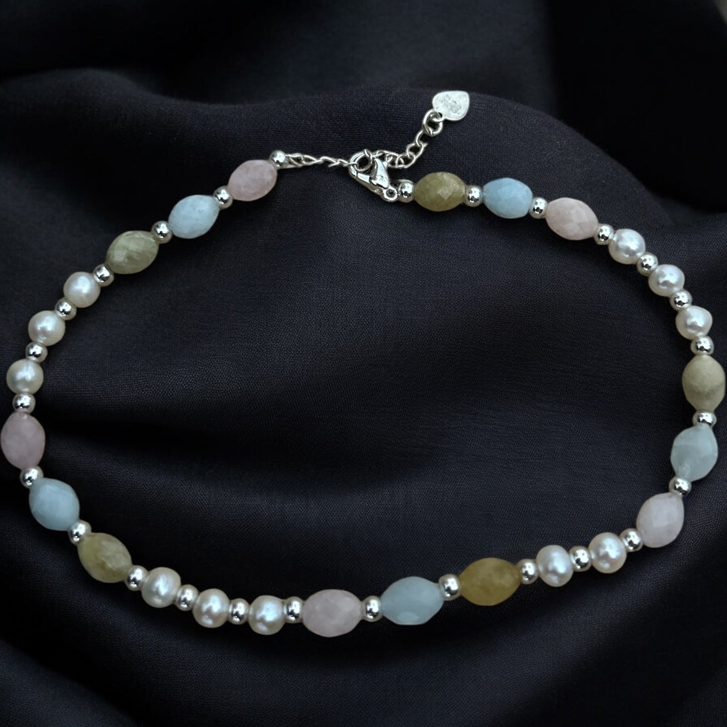 Morganite & fresh water pearl 925 anklet