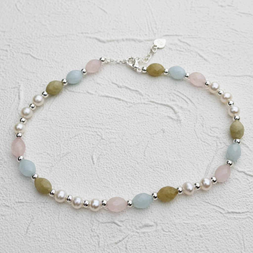 Morganite & fresh water pearl 925 anklet