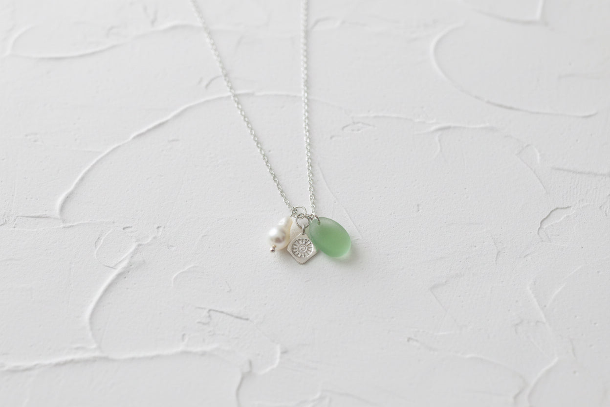 Aqua sun & pearl sterling silver seaglass necklace