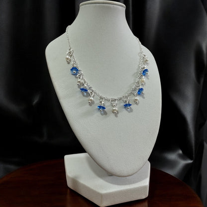 Blue crystal flower & pearl 925 silver necklace