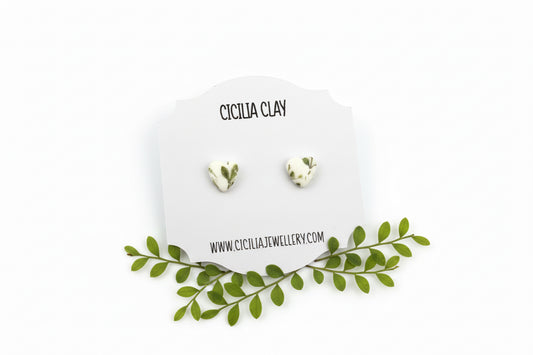 Green delicate flowers heart stud earrings