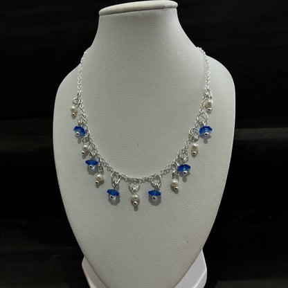 Blue crystal flower & pearl 925 silver necklace