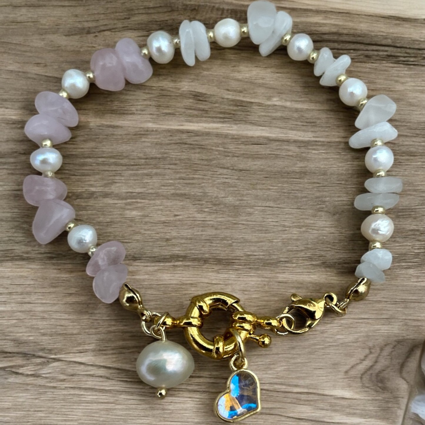Moonstone, rose quartz & pearl bracelet