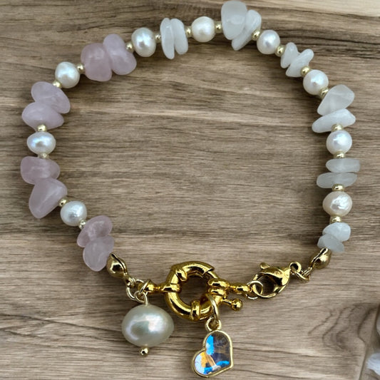 Moonstone, rose quartz & pearl bracelet